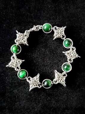 Gothic silver stainless steel and green tiger eyes chainmail bracelet